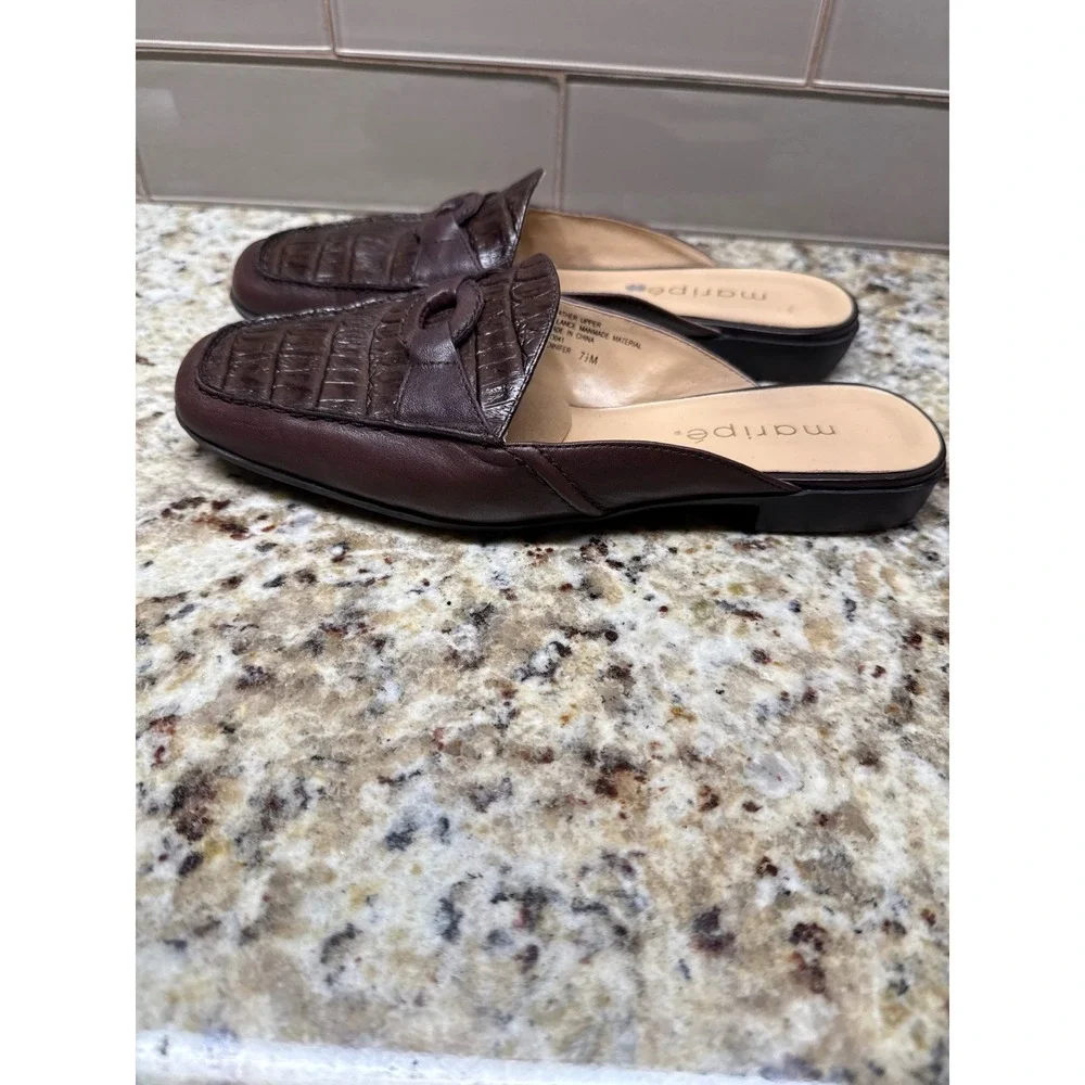 Maripe Jennifer Brown Leather Croc Embossed Mules Loafer Slides Womens 7.5 M - Picture 3 of 9